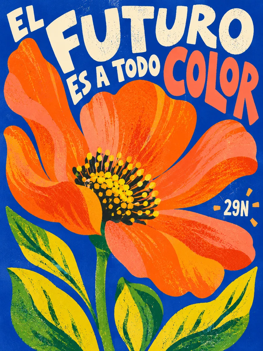Cartel azul con una flor de colores y el lema El futuro es a todo color