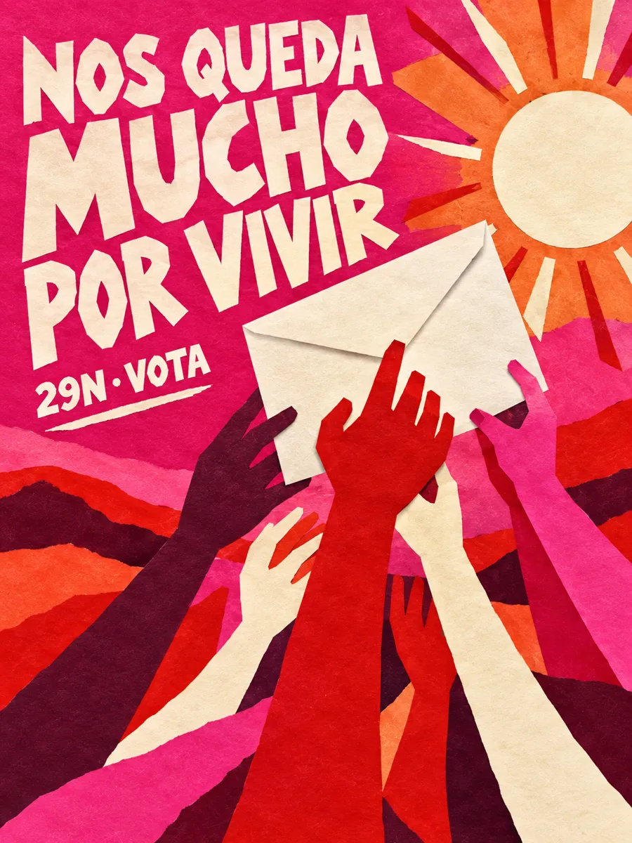 Cartel rosa de manos alzando un sobre electoral bajo el lema Nos queda mucho por vivir